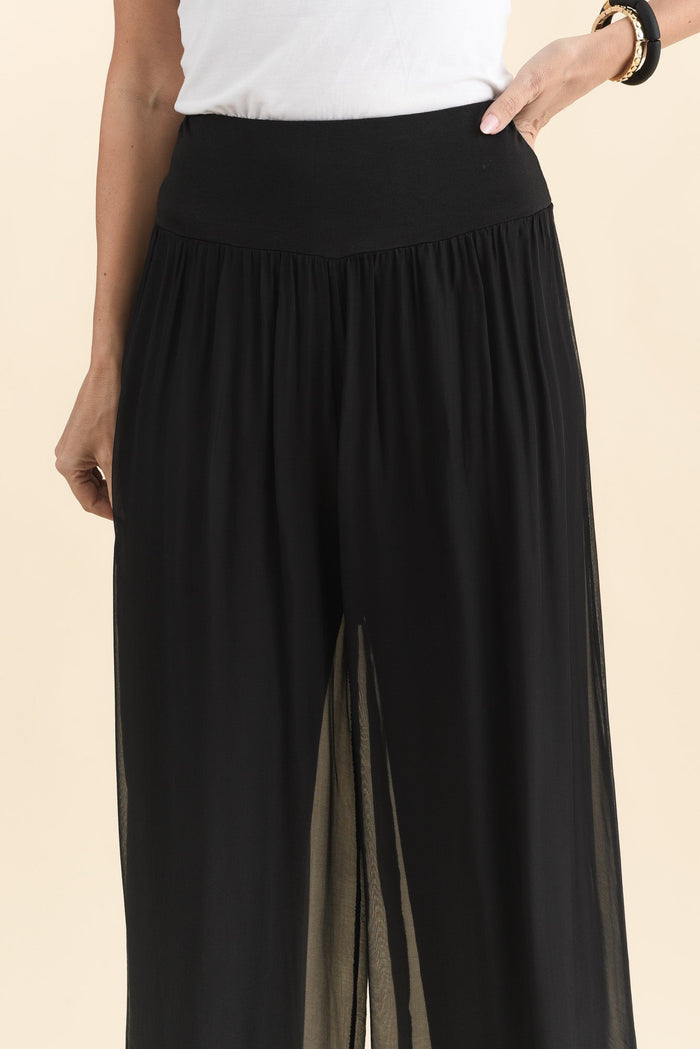 Laurier Black Silk Wide Leg Pants,Brunette model,alt text|model:MJ