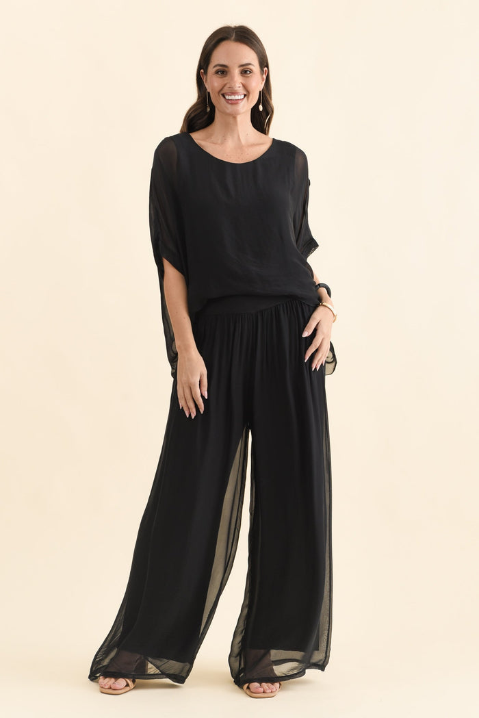 Laurier Black Silk Wide Leg Pants,Brunette model,alt text|model:MJ