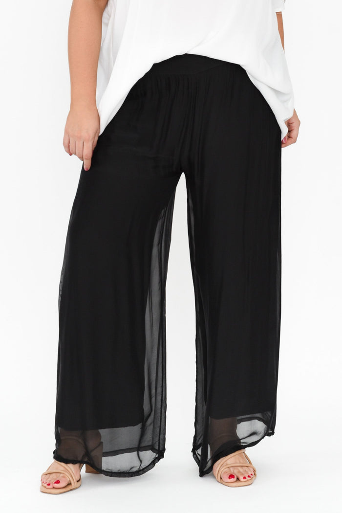 Laurier Black Silk Wide Leg Pants,Brunette model,plus-size,plus-size-evening-dresses,plus-size-wedding-guest-dresses,plus-size-cocktail-dresses,plus-size-formal-dresses,plus-size-mother-of-the-bride-dresses,plus-size-race-day-dresses,curve-bottoms,plus-size-Pants,plus-size-work-edit,alt text|model:Gabby