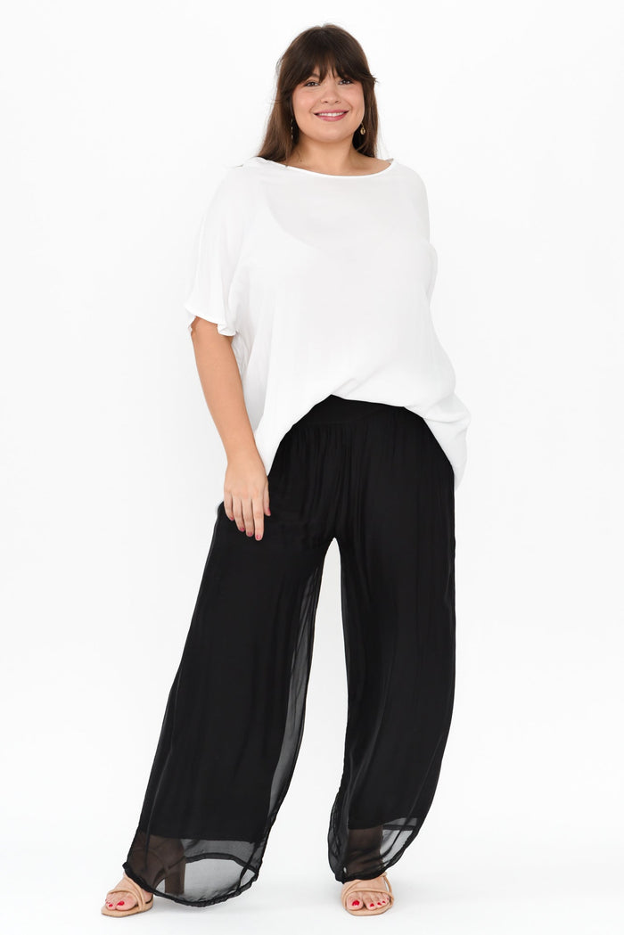 Laurier Black Silk Wide Leg Pants,Brunette model,alt text|model:Gabby