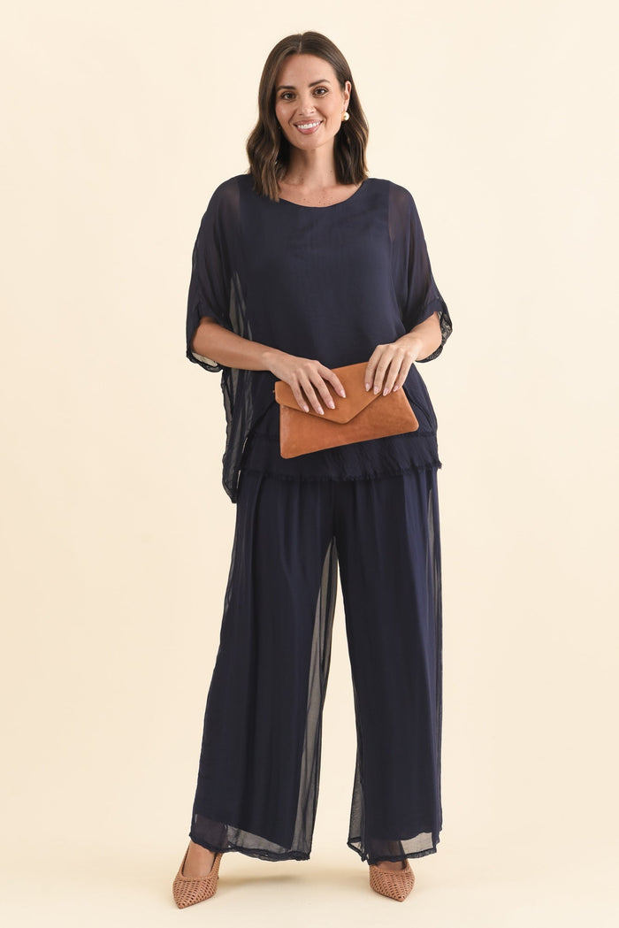 Laurier Navy Silk Wide Leg Pants,Brunette model,alt text|model:MJ