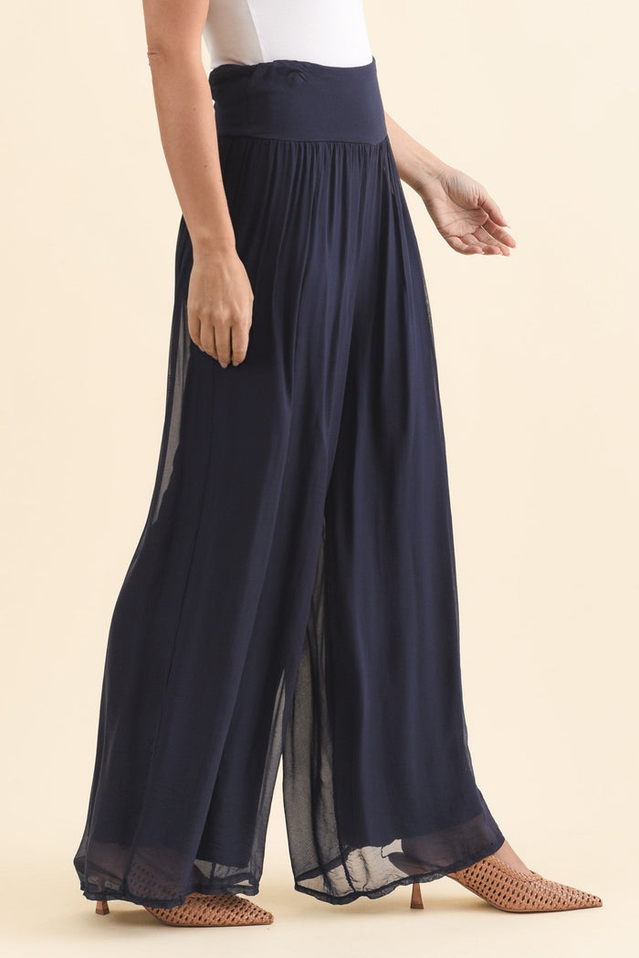 Laurier Navy Silk Wide Leg Pants,Brunette model,alt text|model:MJ
