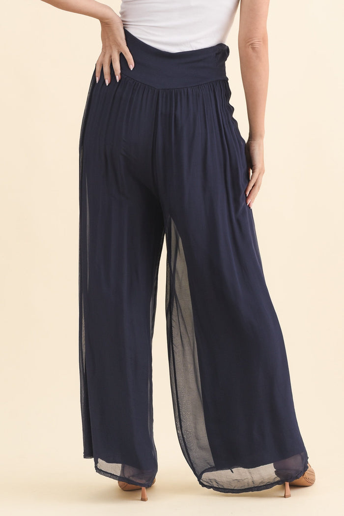 Laurier Navy Silk Wide Leg Pants,Brunette model,alt text|model:MJ