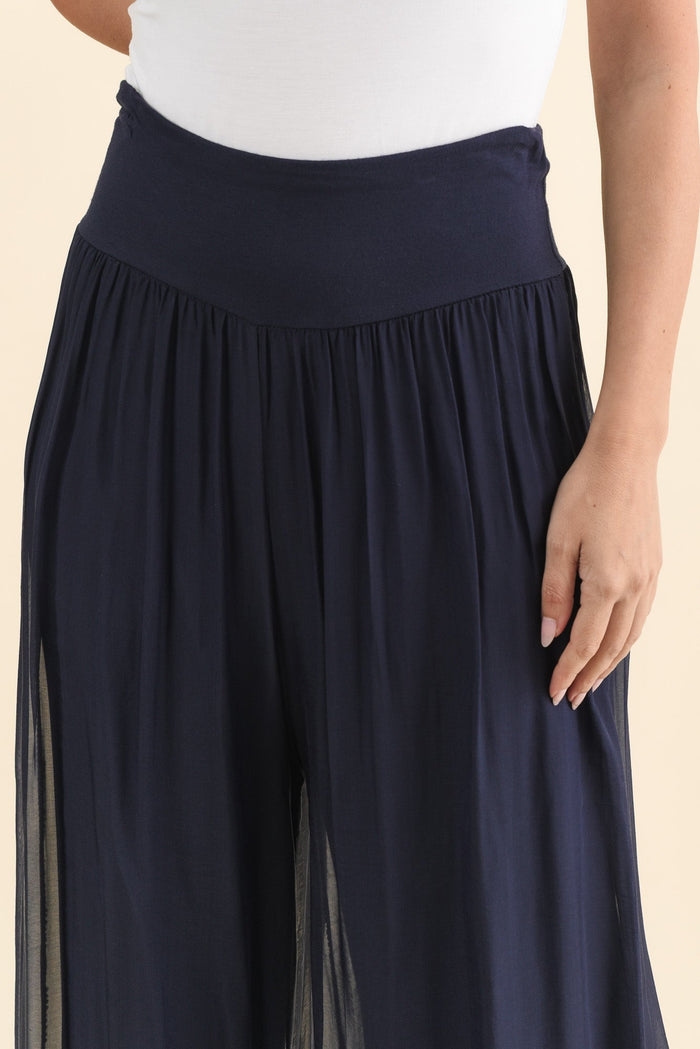 Laurier Navy Silk Wide Leg Pants,Brunette model,alt text|model:MJ