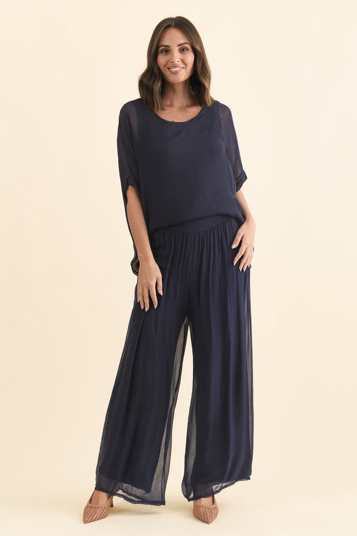 Laurier Navy Silk Wide Leg Pants,Brunette model,alt text|model:MJ