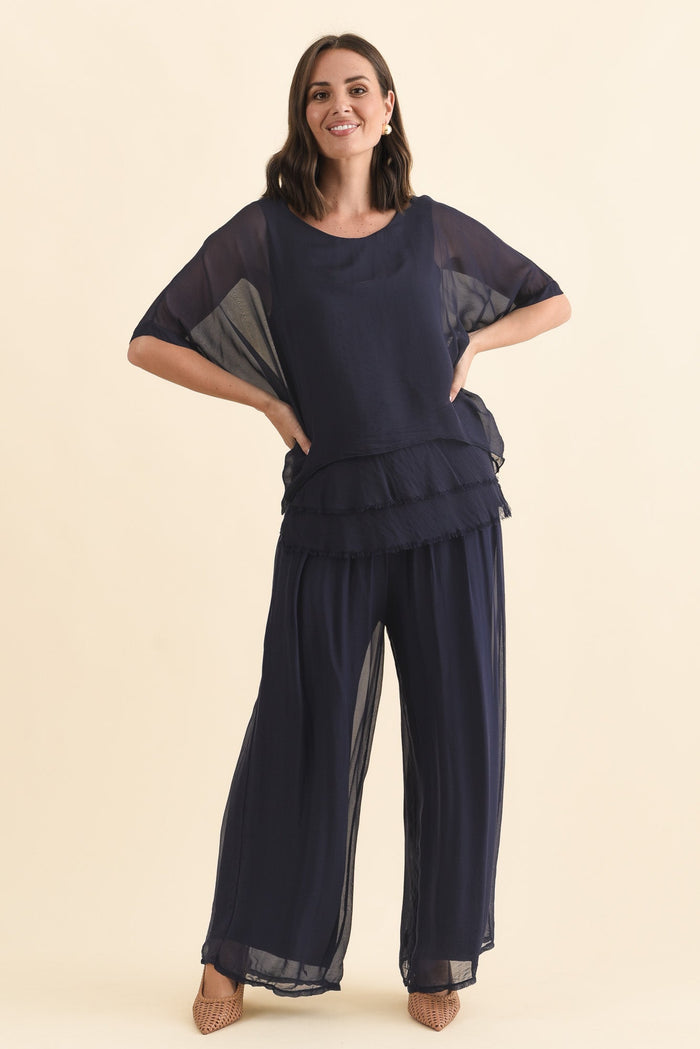 Laurier Navy Silk Wide Leg Pants,Brunette model,alt text|model:MJ