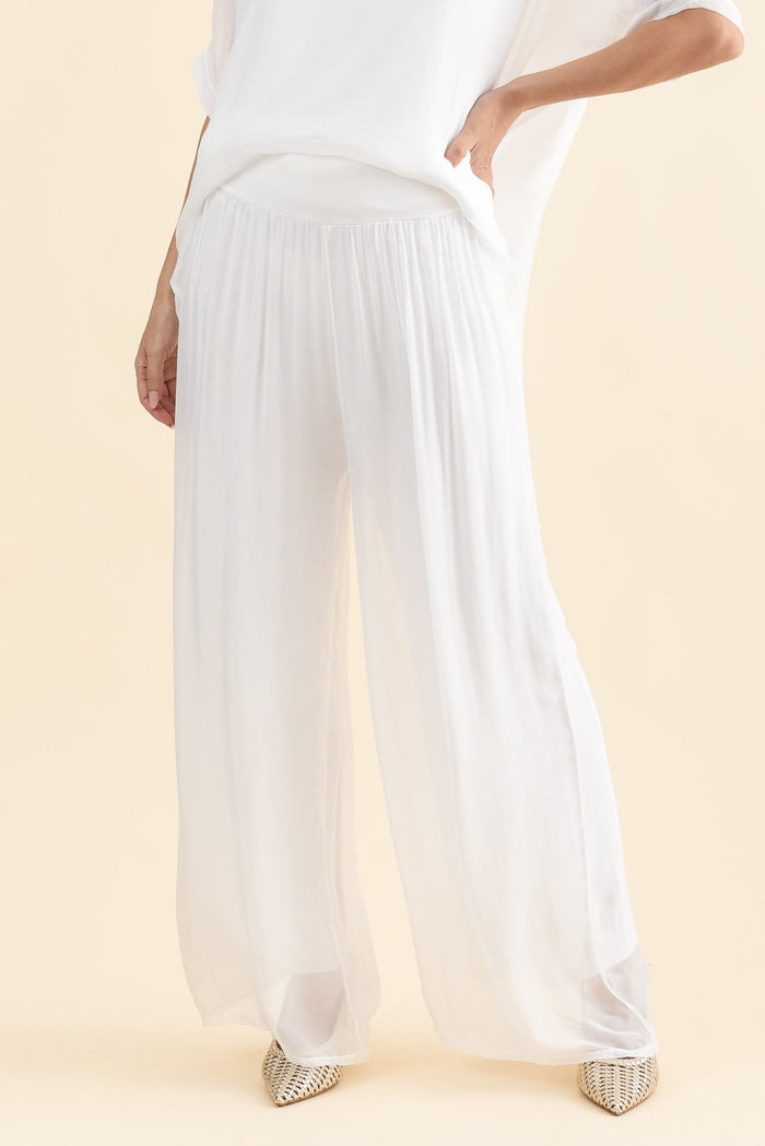 Laurier White Silk Wide Leg Pants,Brunette model,alt text|model:MJ