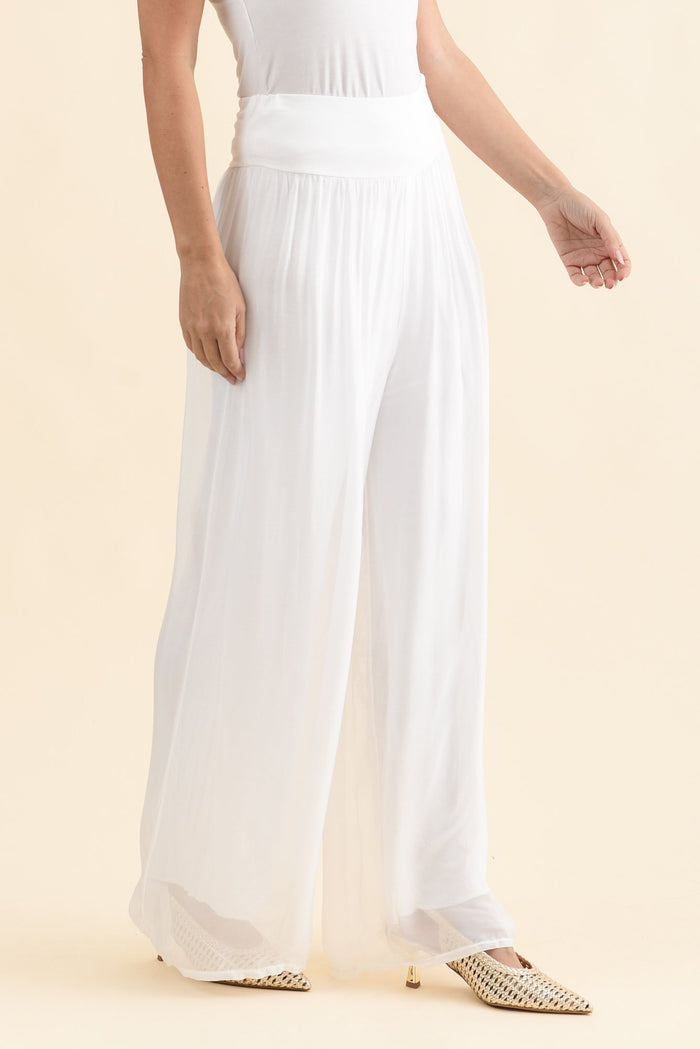Laurier White Silk Wide Leg Pants,Brunette model,alt text|model:MJ