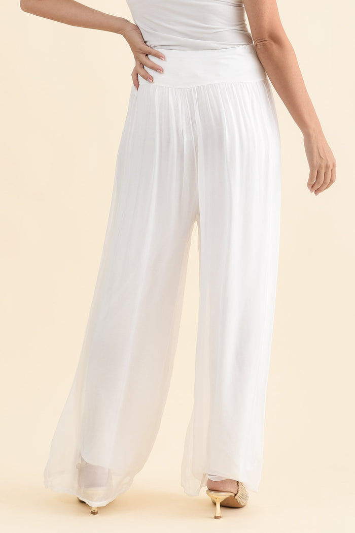Laurier White Silk Wide Leg Pants,Brunette model,alt text|model:MJ