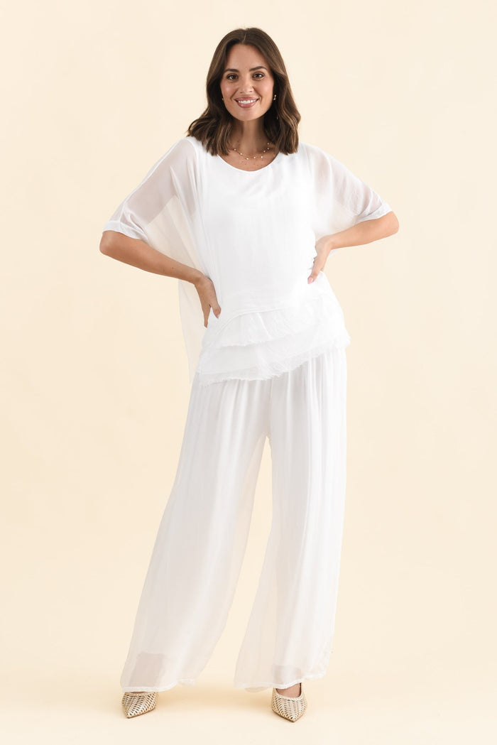 Laurier White Silk Wide Leg Pants,Brunette model,alt text|model:MJ
