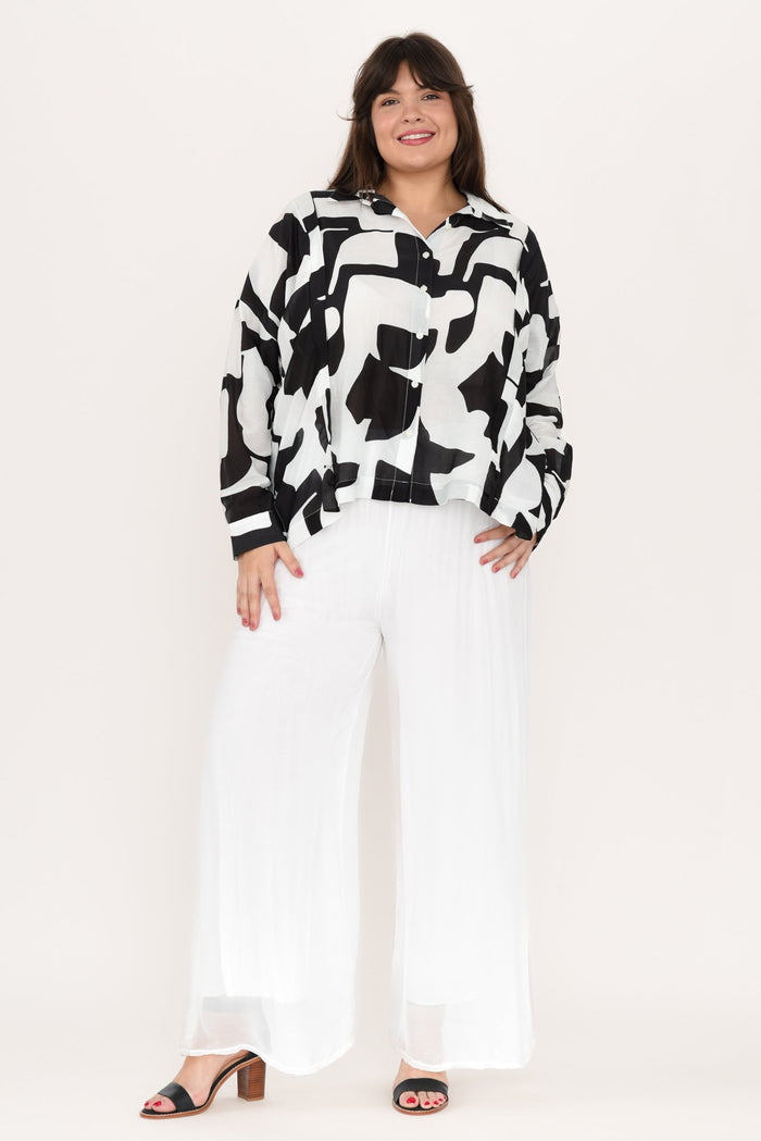 Laurier White Silk Wide Leg Pants,Brunette model,alt text|model:Gabby
