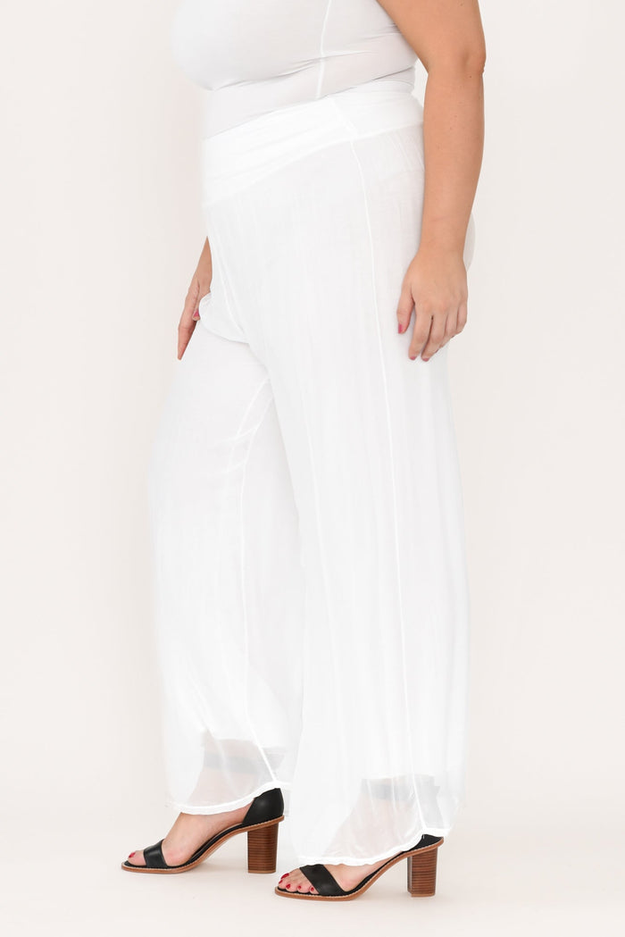 Laurier White Silk Wide Leg Pants,Brunette model,alt text|model:Gabby