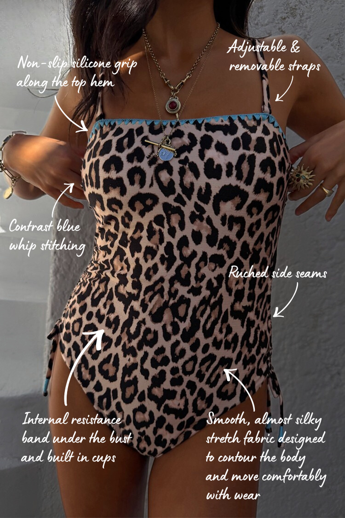 Leopard Whipstitch Bandeau Swimsuit with blue contrast stitching and ruched sides, annotated with design and fit details.