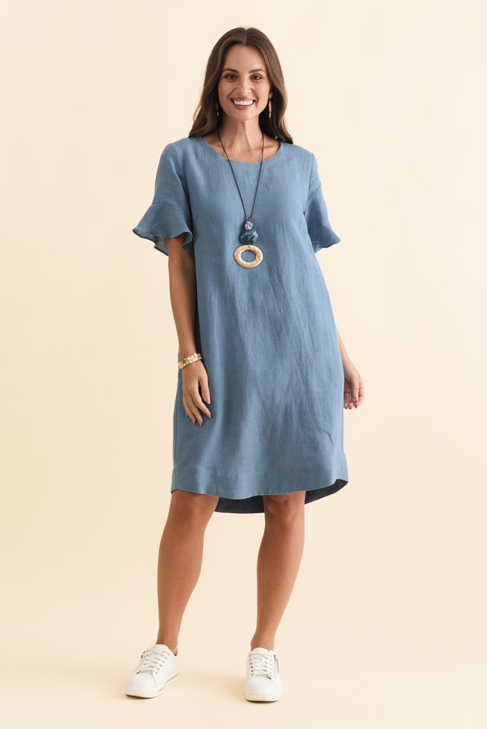 Lesley Blue Linen Flutter Sleeve Dress,Brunette model,alt text|model:MJ