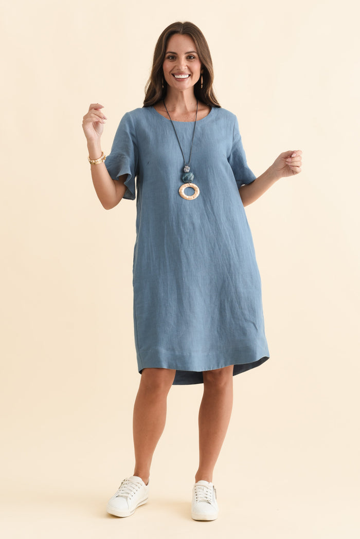 Lesley Blue Linen Flutter Sleeve Dress,Brunette model,alt text|model:MJ