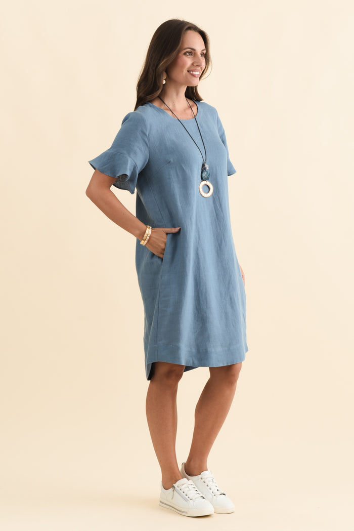 Lesley Blue Linen Flutter Sleeve Dress,Brunette model,alt text|model:MJ