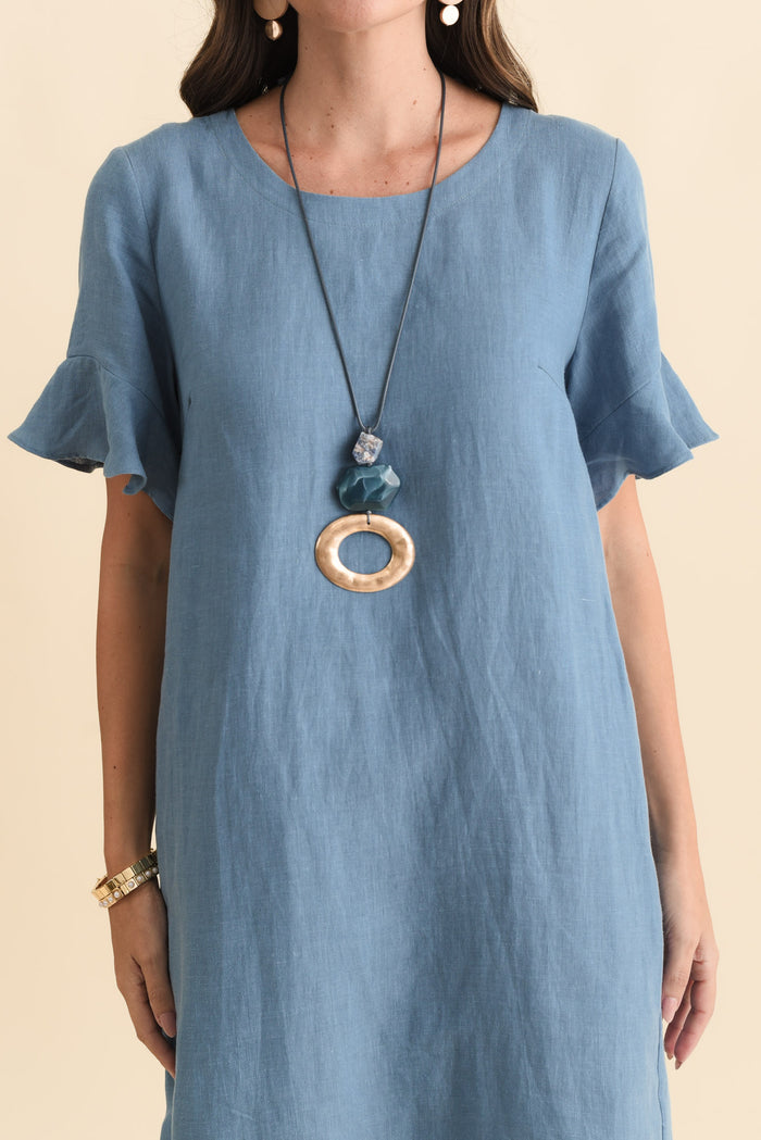 Lesley Blue Linen Flutter Sleeve Dress,Brunette model,alt text|model:MJ