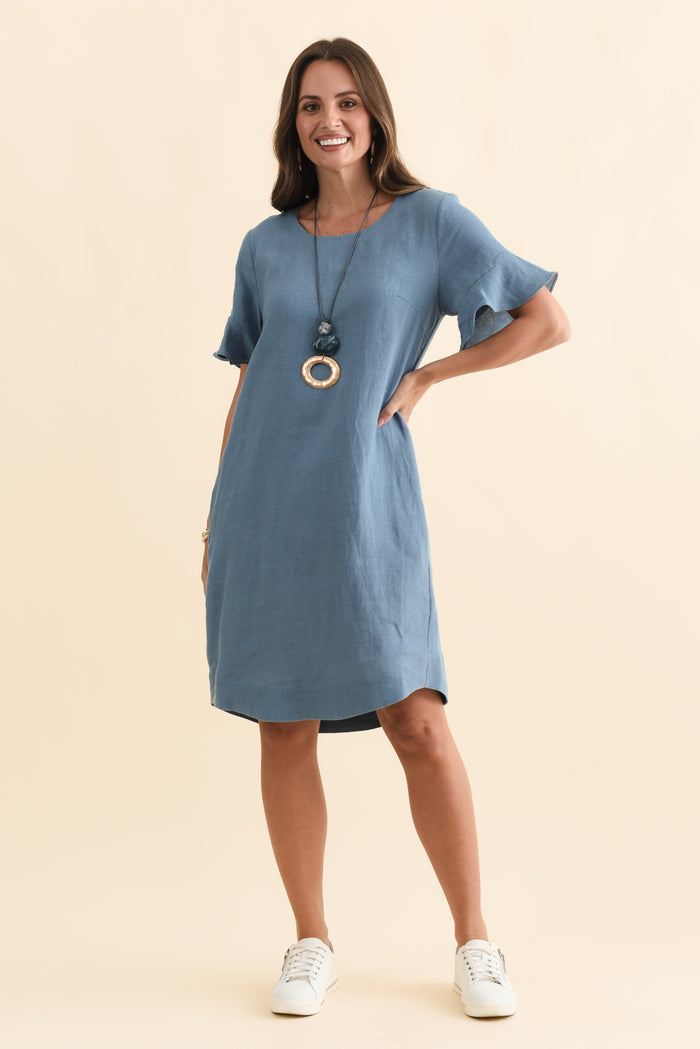 Lesley Blue Linen Flutter Sleeve Dress,Brunette model,alt text|model:MJ