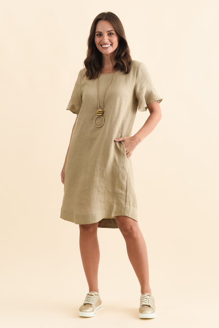 Lesley Taupe Linen Flutter Sleeve Dress,Brunette model,alt text|model:MJ
