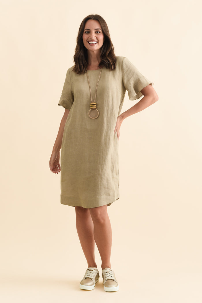 Lesley Taupe Linen Flutter Sleeve Dress,Brunette model,alt text|model:MJ