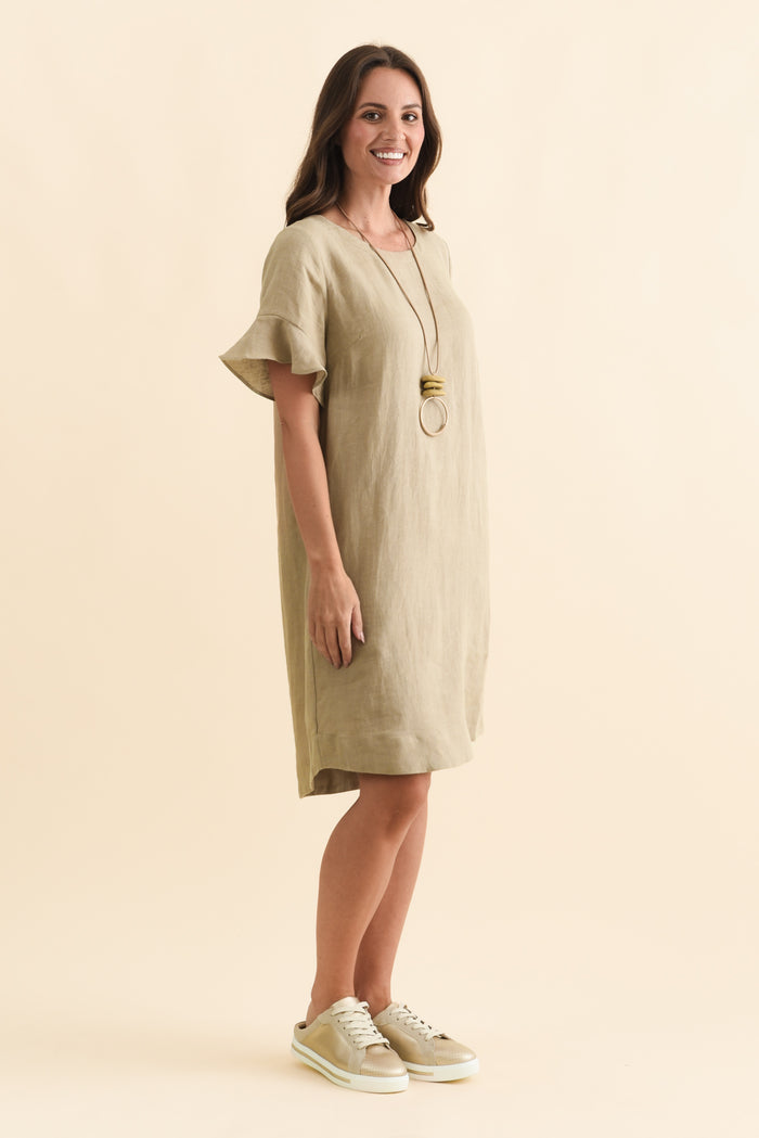 Lesley Taupe Linen Flutter Sleeve Dress,Brunette model,alt text|model:MJ