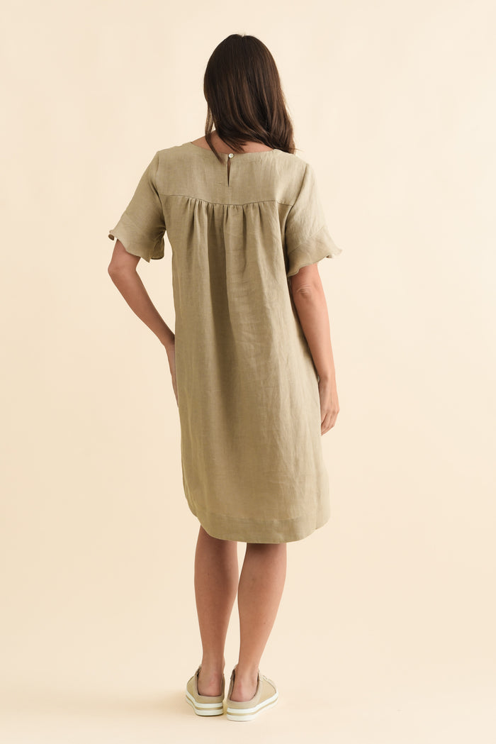 Lesley Taupe Linen Flutter Sleeve Dress,Brunette model,alt text|model:MJ