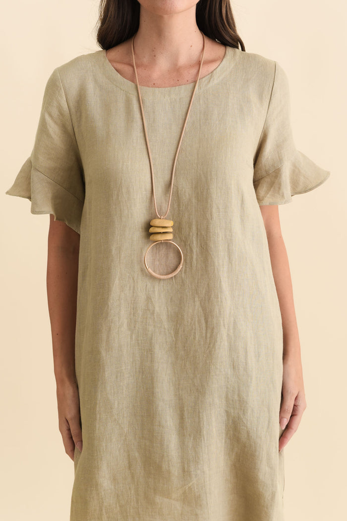 Lesley Taupe Linen Flutter Sleeve Dress,Brunette model,alt text|model:MJ