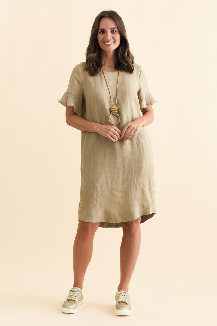 Lesley Taupe Linen Flutter Sleeve Dress,Brunette model,alt text|model:MJ