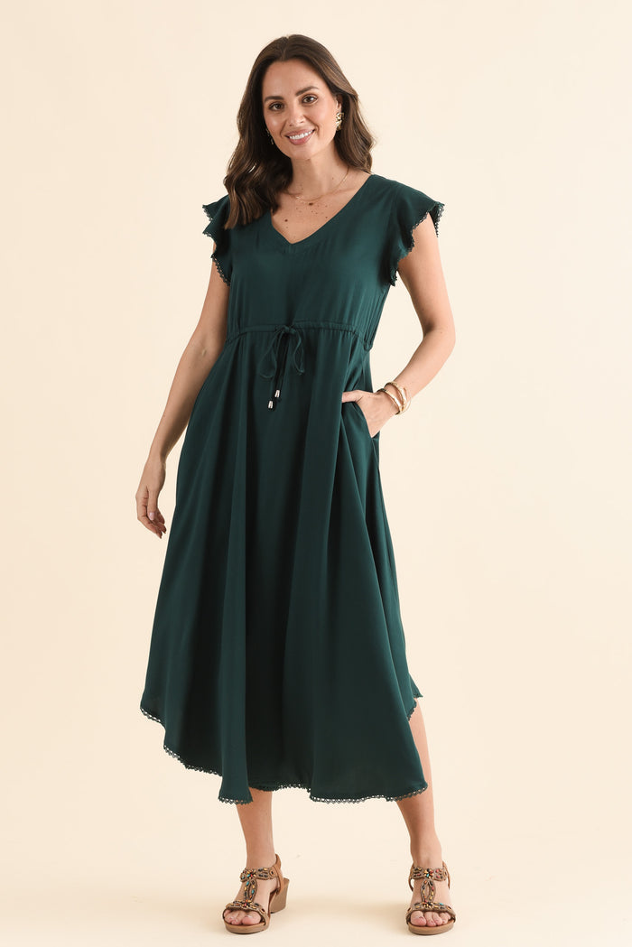 Libby Emerald Midi Dress,Full Body,Brunette model,alt text|model:MJ