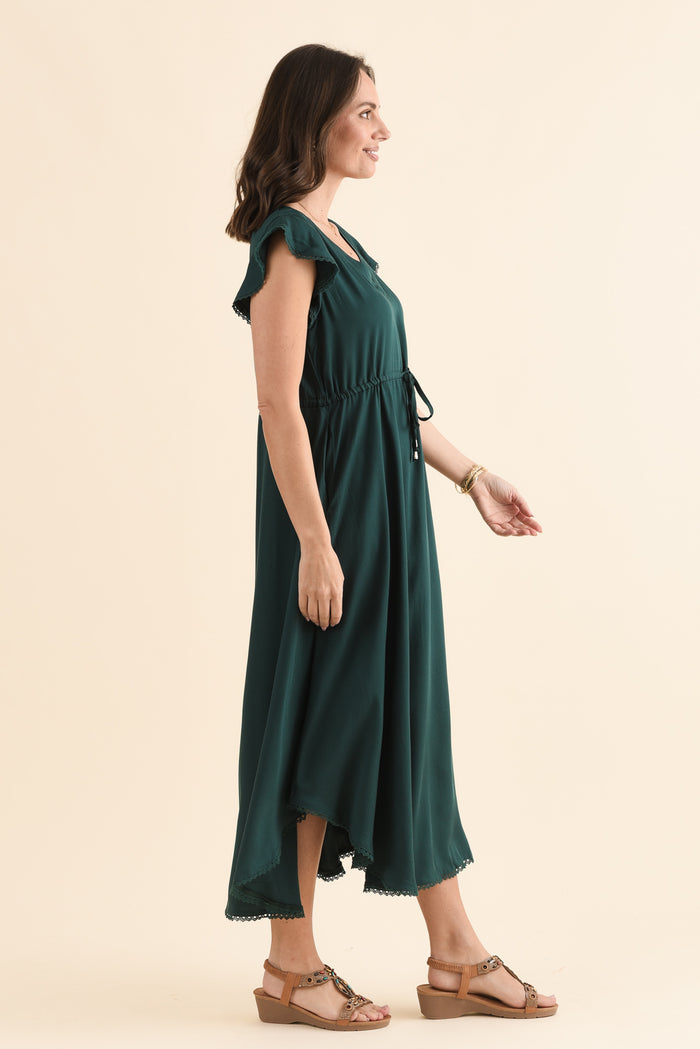 Libby Emerald Midi Dress,Side,Brunette model,alt text|model:MJ