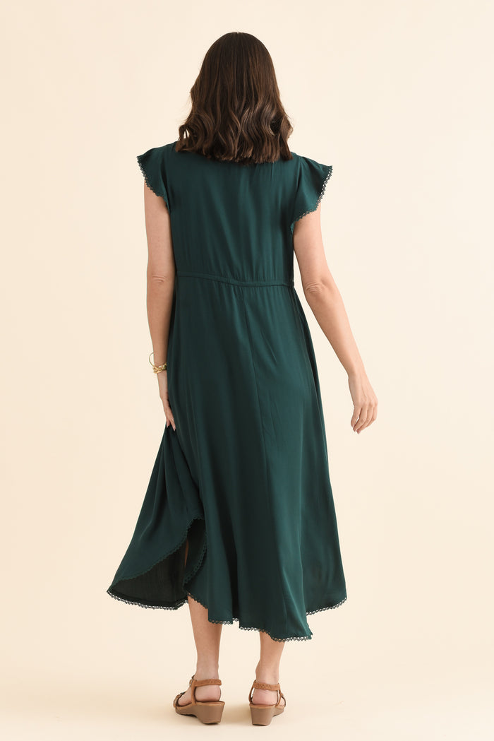 Libby Emerald Midi Dress,Back,Brunette model,alt text|model:MJ