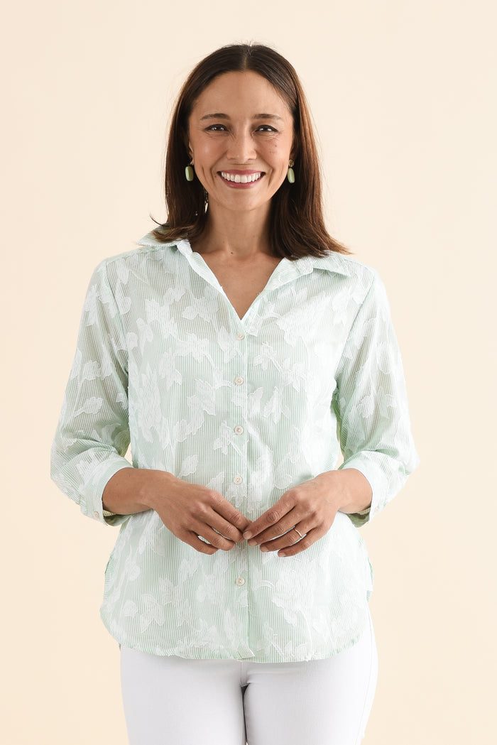 Lilah Green Garden Cotton 3/4 Sleeved Shirt,Front,Brunette model,alt text|model:Cara
