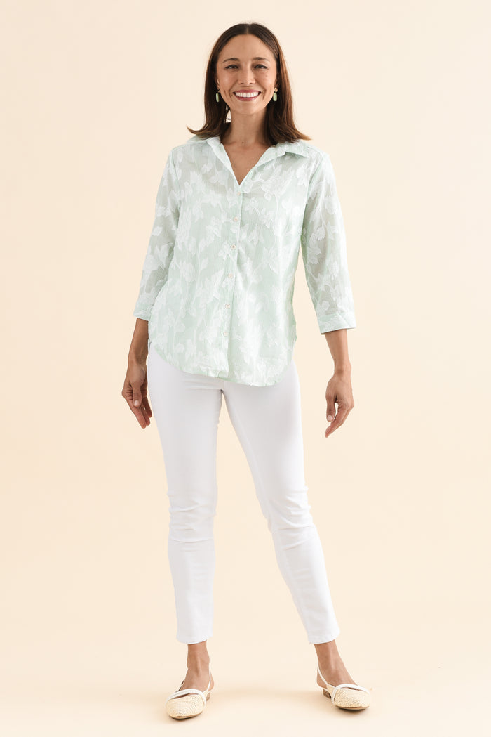 Lilah Green Garden Cotton 3/4 Sleeved Shirt,Full Body,Brunette model,alt text|model:Cara