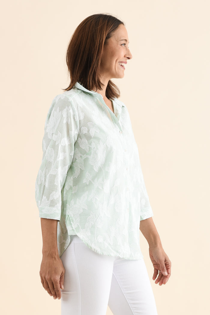 Lilah Green Garden Cotton 3/4 Sleeved Shirt,Side,Brunette model,alt text|model:Cara