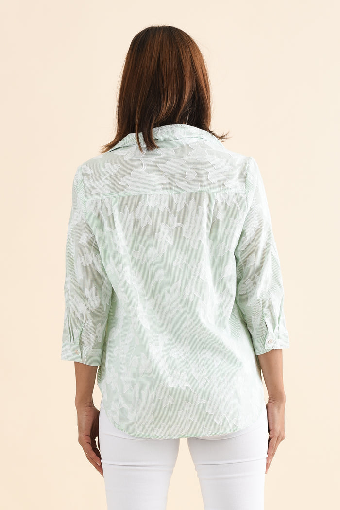 Lilah Green Garden Cotton 3/4 Sleeved Shirt,Back,Brunette model,alt text|model:Cara