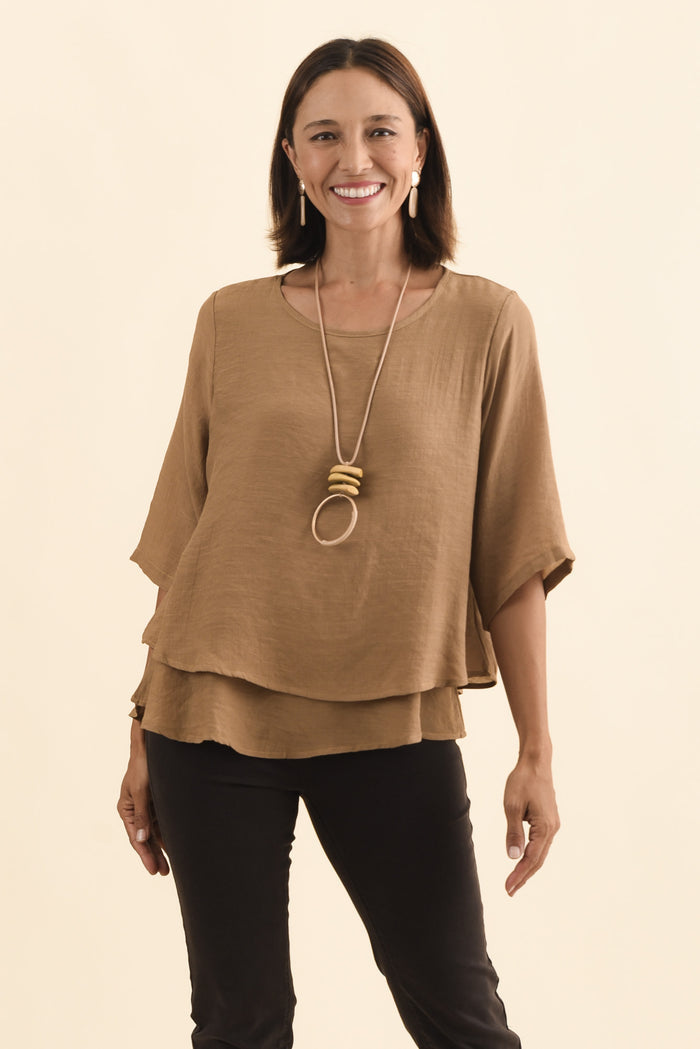 Liora Mocha Layered Top,Brunette model,alt text|model:Cara