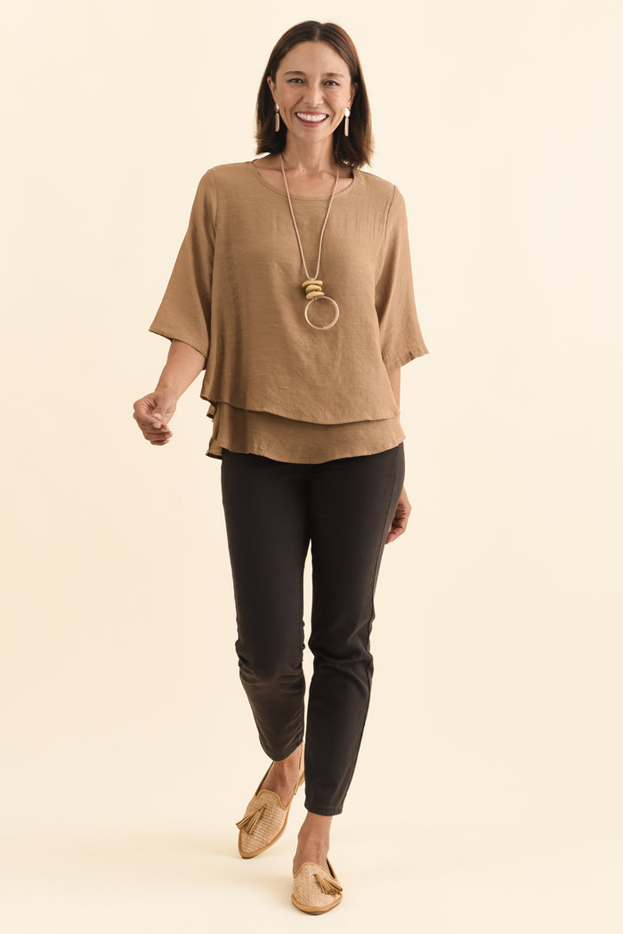 Liora Mocha Layered Top,Brunette model,alt text|model:Cara