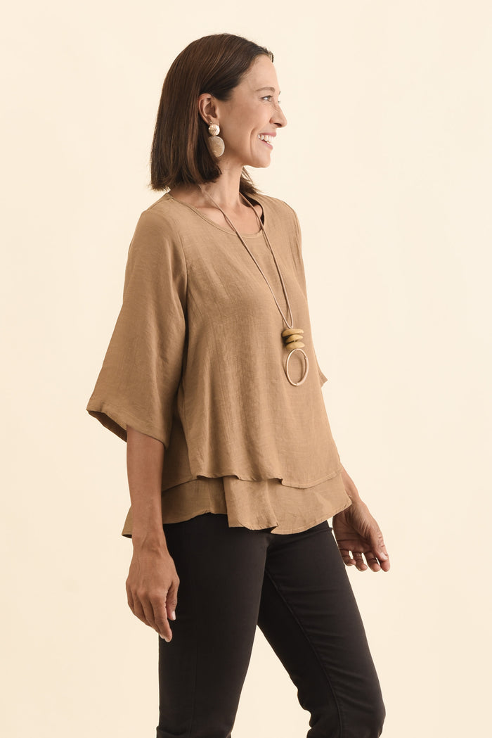 Liora Mocha Layered Top,Brunette model,alt text|model:Cara