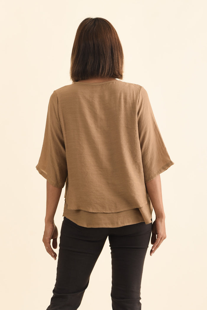 Liora Mocha Layered Top,Brunette model,alt text|model:Cara