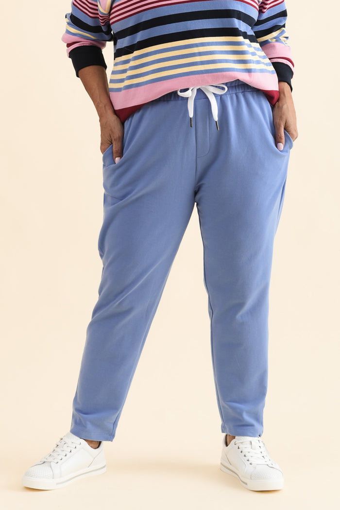 Lobby Blue Cotton Relaxed Sweatpants,Front,Brunette model,alt text|model:Pilita