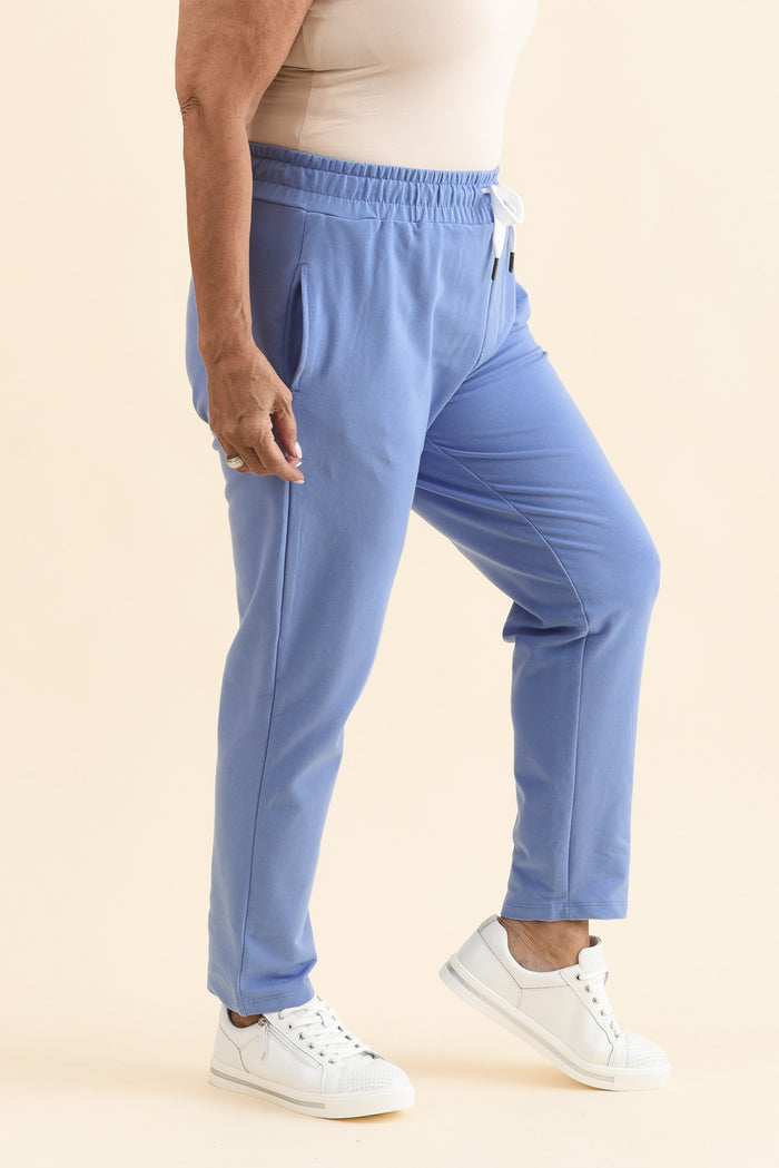 Lobby Blue Cotton Relaxed Sweatpants,Side,Brunette model,alt text|model:Pilita