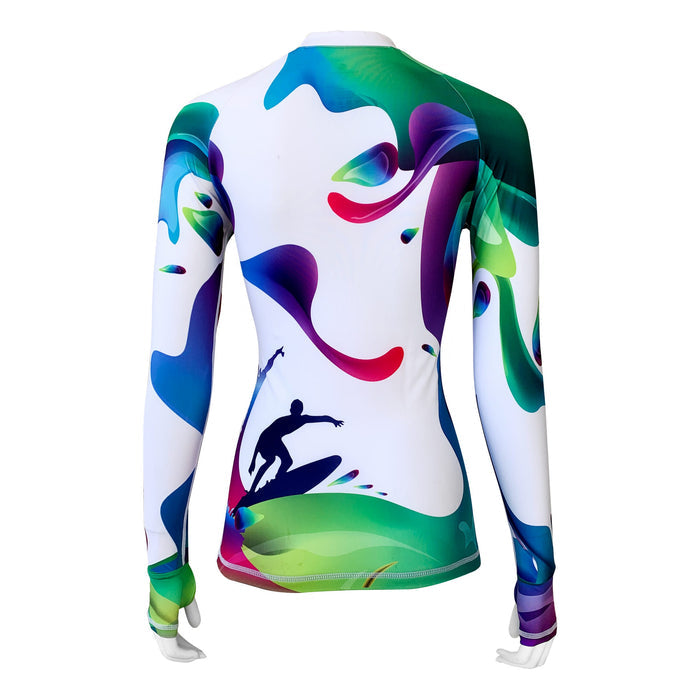 long sleeved rashguard women surfer on the back