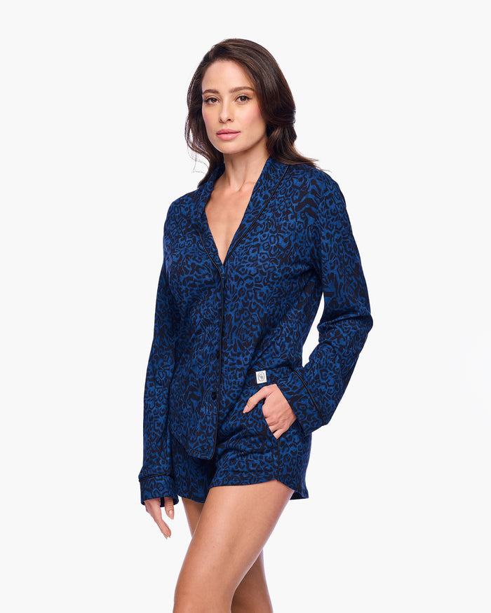 Blue Set - Pima Lusso Printed Printed Long Sleeve Top & Boxer Pajama Set