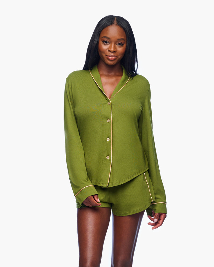 Green Set - Pima Lusso Long Sleeve Top & Boxer Pajama Set