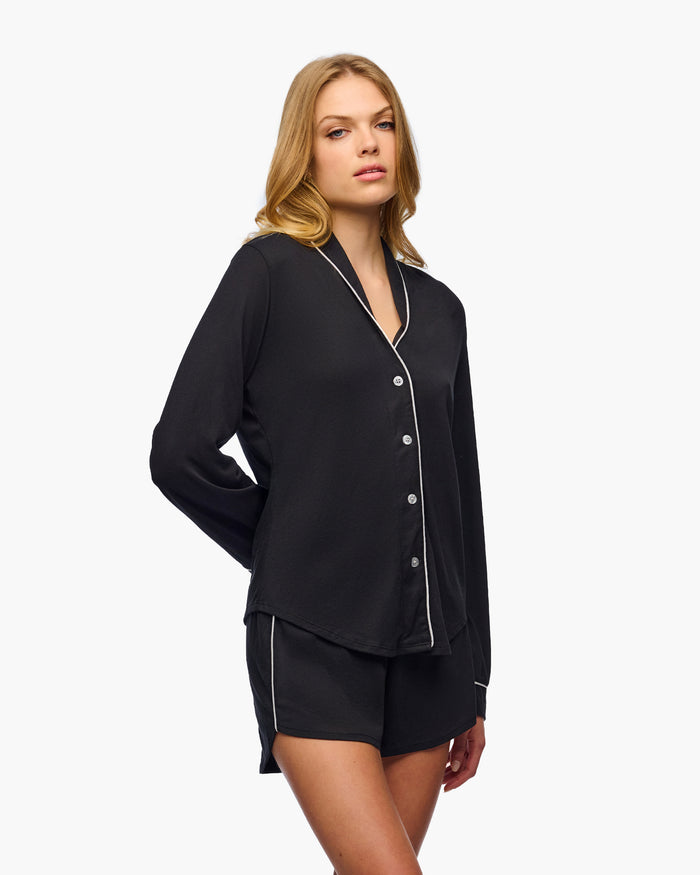 Black Set - Pima Lusso Long Sleeve Top & Boxer Pajama Set