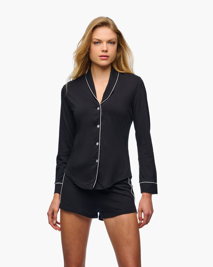 Black Set - Pima Lusso Long Sleeve Top & Boxer Pajama Set