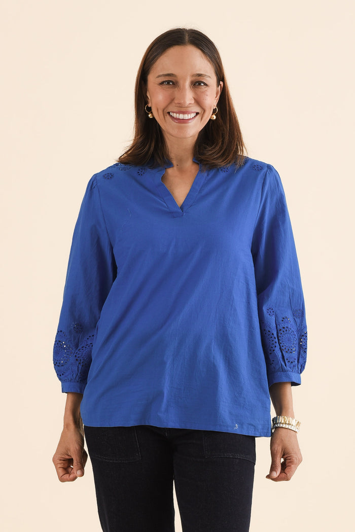 Loretta Cobalt Cotton Embroidered Blouse,Front,Brunette model,alt text|model:Cara