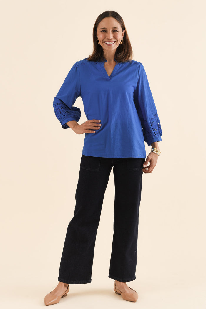 Loretta Cobalt Cotton Embroidered Blouse,Full Body,Brunette model,alt text|model:Cara