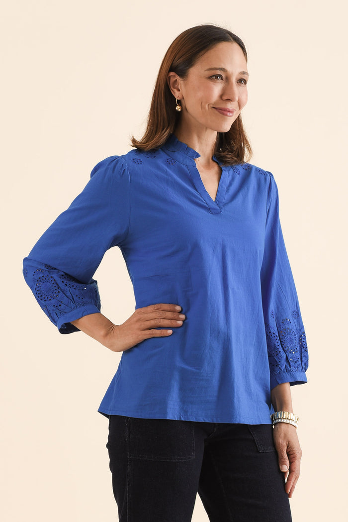 Loretta Cobalt Cotton Embroidered Blouse,Side,Brunette model,alt text|model:Cara