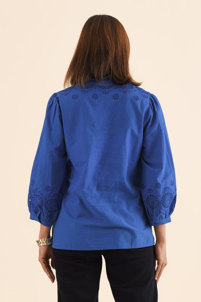 Loretta Cobalt Cotton Embroidered Blouse,Back,Brunette model,alt text|model:Cara